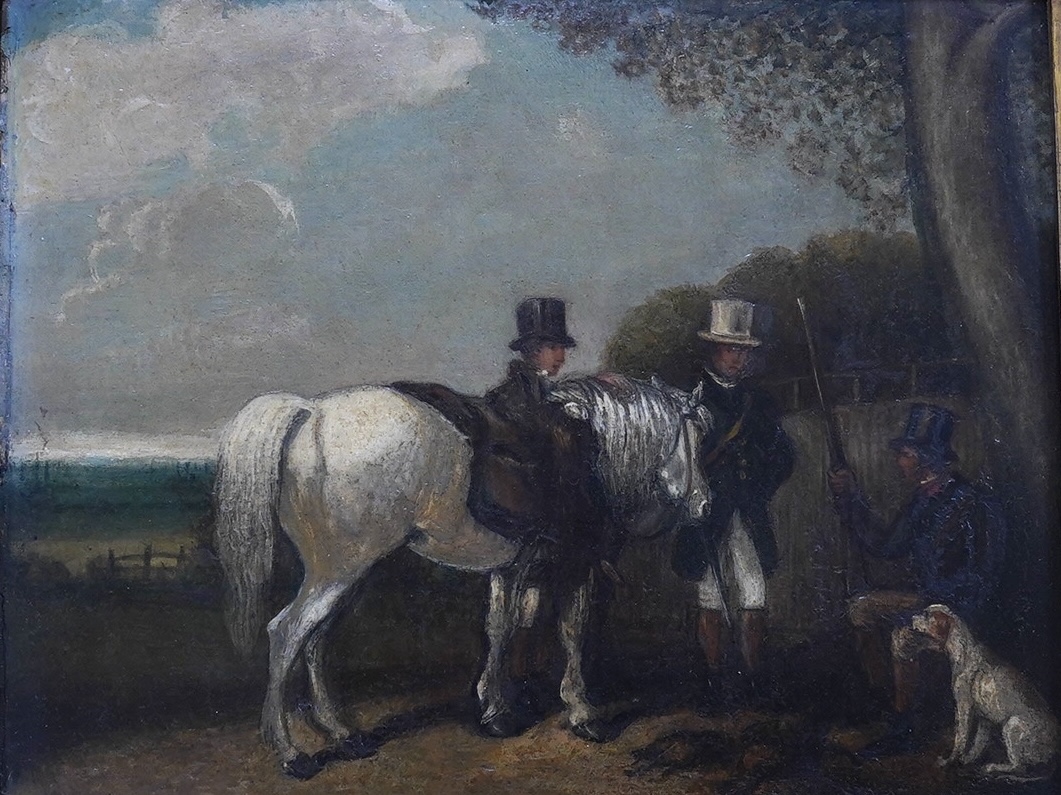 Early 19th century, naive English School, pair of oils on board, Huntsman, horses and hounds before landscapes, unsigned, one with indistinct label verso, 19 x 24cm, gilt frame. Condition - poor to fair